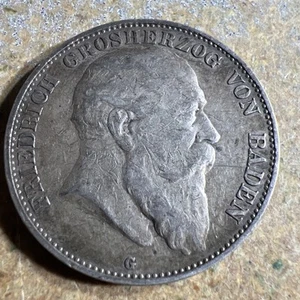 1904G German States Baden 5 Mark Frederick I 27.77g .900 Silver 25g ASW Y-481 - Picture 1 of 2