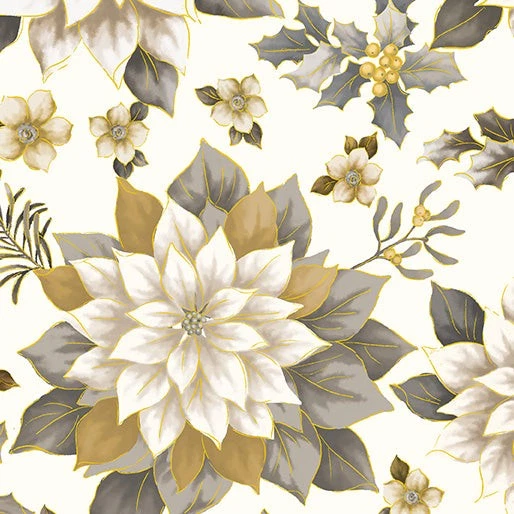 White, Silver and Gold Poinsettia 108" fabric by Benartex, 9749W-11 - Image 1 of 1