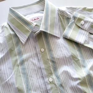 Isaia Napoli Mens 15.5 39 Medium Long Sleeve Button Shirt Striped Green White - Picture 1 of 6