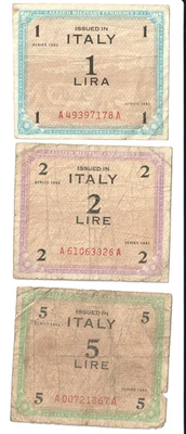 Italy Allied Military Currency Series 1943 1/2/5 Lire Notes Circulated - Image 1 of 2