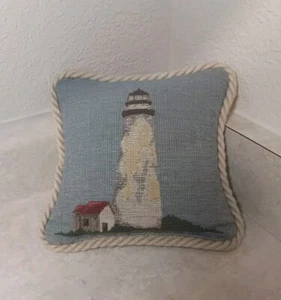 Vtg Decorative Small Lighthouse Pillow Embroidery w/ Rope 8" X 8" Fisherman Gift - Picture 1 of 11