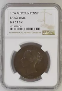 1857 Great Britain Penny "Large Date" NGC MS 63 BN STUNNING PQ BEAUTY! - Picture 1 of 2