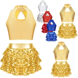 Kids Girls Dance Outfits Shiny Crop Tops w/Skirt Tiered Ruffle Keyhole Back - Picture 1 of 40