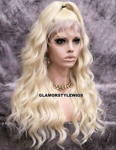 Human Hair Blend U Part Lace Front Wig With Baby Hair Long Wavy Platinum Blonde 