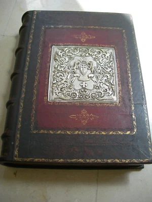 Aged Theodore Alexander Embossed Brown/Red Leather Etched Inlay Faux Book Box - Image 1 of 4