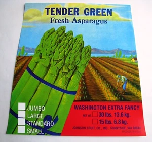 Original scarce TENDER GREEN asparagus crate label Johnson Fruit Sunnyside stock - Picture 1 of 1