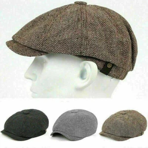 Gatsby Hat Peaky Blinders Mens Boys Newsboy Flat Cap Herringbone Tweed Baker - Picture 1 of 12