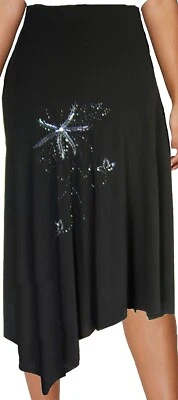 Black Front Dipped Tapered Hem Stretch Skirt Star Flower Bead Detail Ladies Plus - Image 1 of 4