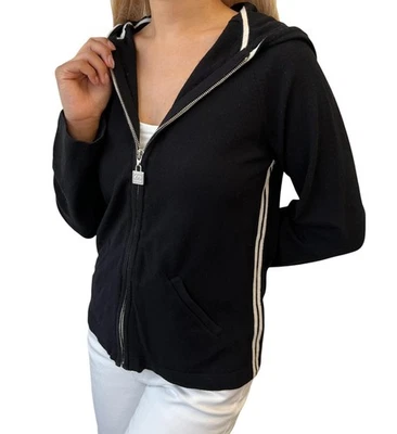 Chaqueta con Capucha Chanel Sport Vintage 04A Logo CC #40 Negra Blanca Lana Cremallera Foto 1 de 4