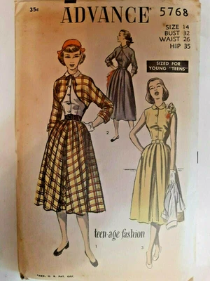 Advance 5768 Dress Bolero Jacket Sewing Pattern Teen Age 14 Fashion Cut VTG 40's - Image 1 of 4