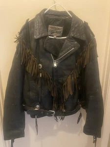 Vintage Open Road Black Leather Fringe Motorcycle Jacket Concho Biker 46 - Picture 1 of 12