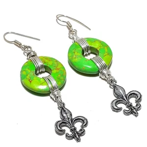 Donut Anchor - Copper Green Turquoise Gemstone 925 Silver Earring 3.0" r774 - Picture 1 of 6