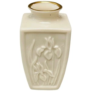 Lenox Bud Vase Iris Embossed 3" Tall Gold Rim Porcelain Made in USA - Picture 1 of 6