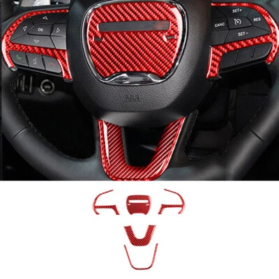 For Dodge Challenger 2015-2020 5Pcs Steering Wheel Trim Cover Carbon Fiber Red - Image 1 of 4