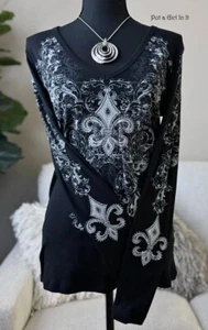 USA neu VOCAL APPAREL SCHWARZ NIETEN STRASS FLEUR DE LIS SHIRT XL Y2K BIKER - Bild 1 von 5