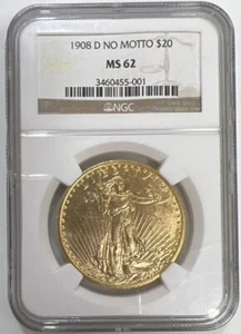1908-D $20 NO Motto Saint Gaudens Gold Double Eagle NGC MS62 Rotated Reverse Die - Picture 1 of 2