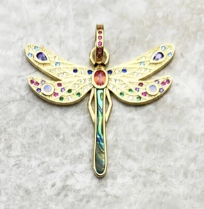 925 Sterling Silver. Golden Dragonfly Pendant. With Gemstones Handmade - Picture 1 of 6