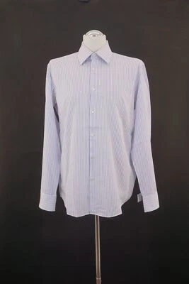 HUGO BOSS Business Camicia KW42 L Bianco Viola a Righe Manica Kent Cotone B441 - Immagine 1 di 4