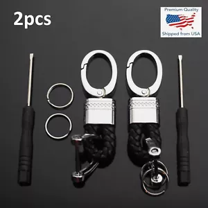 2pcs Black & Silver Woven Leather Fob D-Ring Keychain Key Split Ring Holder Clip - Picture 1 of 3