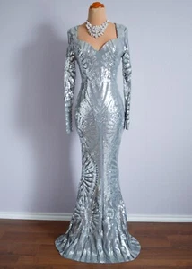 Silver Long Formal Prom Pageant Sequin HoCo MOB Evening Wedding Gown Dress L 8 - Picture 1 of 12