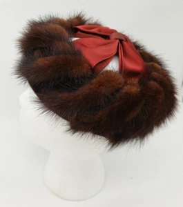 Vintage Mink Capulet Hat with Maroon Satin Center Bow USA Union Made 1950s - Picture 1 of 15