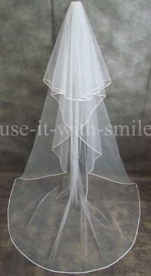 ELEGANT DIAMOND WHITE 2 TIER CHAPEL VEIL WEDDING 126" SATIN RIBBON EDGE NEW UK - Image 1 of 3