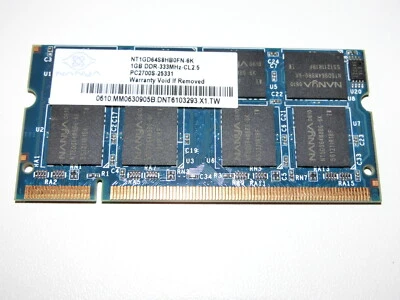 RAM SO-DIMM 1GB DDR 333MHz PC-2700 -25331 NANYA NT1GD64S8HB0FN-6K ABQ Panasonic  - Immagine 1 di 2
