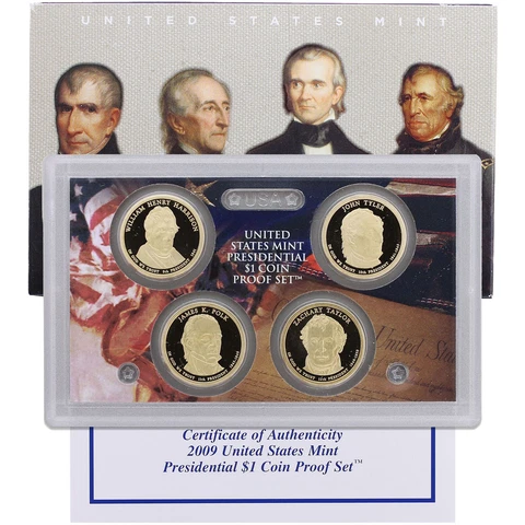 2009 S Presidential Dollar Proof Set 4 Coins Original Box & COA Cover