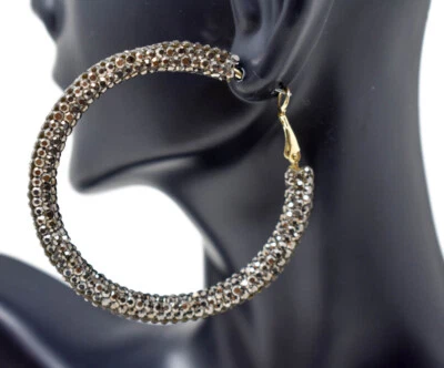 PENDIENTES ARO ENVOLVENTES RESINA BRILLANTE ESTRÁS GRIS HEMATITA BOHEMIO 2.25" DAMAS Foto 1 de 4