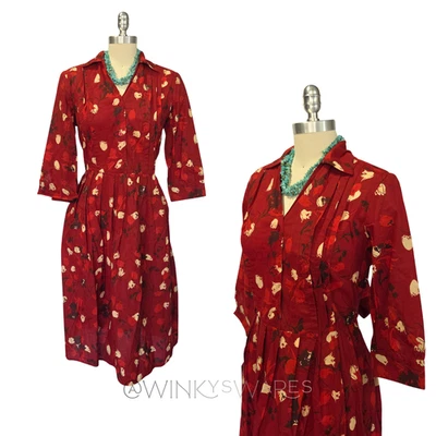 Vintage 90s Newport News Floral Print Shirt Dress Size 8 New Red Fit & Flare - Image 1 of 4