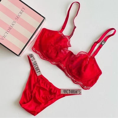 32DD XS Victoria’s Secret red bra set bling shine strap bikini panties - Image 1 of 4