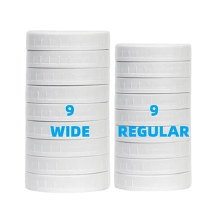 Paquete de 18 tapas de tarro de albañil de plástico blanco con anillos de silicona, 9 boca ancha y 9 re... - Imagen 1 de 6