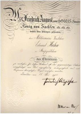 Mappe Urkunde Ehrenkreuz Militär Verein Straßgräbchen 1908 sign. König Sachsen - Bild 1 von 4