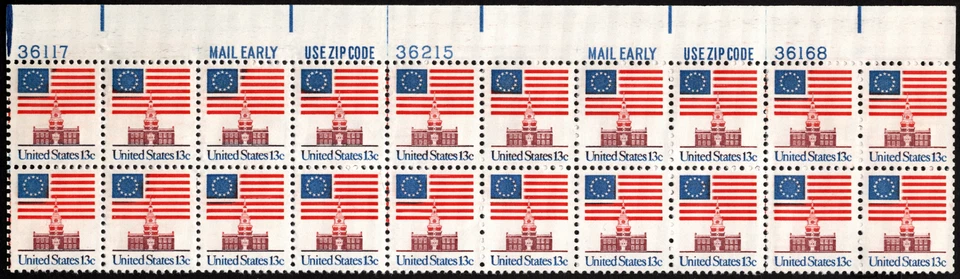 US Stamp Scott # 1622 Plate Block Mint NH - 13 Cents US Flag Independence Hall - Image 1 of 1