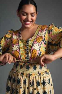 Farm Rio Tropical Sunshine Dress Anthropologie V Neck Puff Maxi Plus Size 1X NEW - Picture 1 of 8