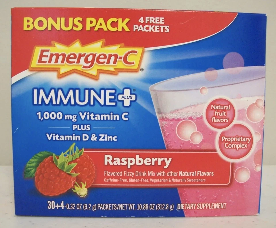 34 Count 30 + 4 BONUS Emergen-C IMMUNE PLUS Raspberry VITAMIN D Zinc C B - Image 1 of 4