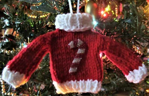 Knitted Christmas Sweater Ornament with a Seed Beaded Candy Cane Handmade - Picture 1 of 2