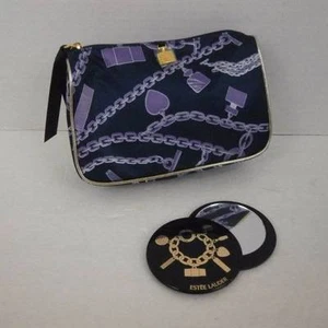 NEW Estee Lauder Cosmetic Make Up Pouch Matching Mirror Navy Purple Gold - Picture 1 of 3