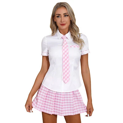 Sexy Women's Schoolgirl Uniform Shirt with Plaid Pleated Skirt and Tie Outfits - Image 1 of 4