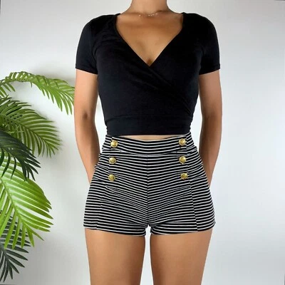 Pantalones Cortos Vintage Y2K Negro Rayas Elegante Cintura Alta Twee Marinero Botín / Talla: S Foto 1 de 4