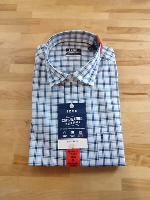 Camisa de vestir para hombre Izod suave lavada elástica desacogida azul a cuadros 15-15,5, 34/35 Foto 1 de 4