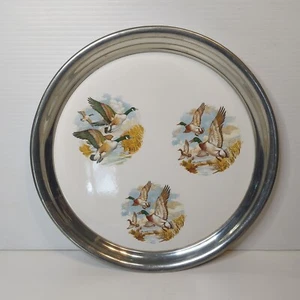 Vintage Mallard Ducks In Flight Pewter Round Tray Barware - read - Picture 1 of 9