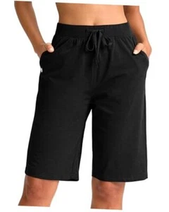 Women's Bermuda Shorts 11" Long Comfy Drawstring Shorts Knee Large Black - Picture 1 of 7