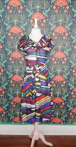 Vintage 80's Colorful Rainbow Ruffle Neck Sheer Fit Flare Secretary Dress - Picture 1 of 5