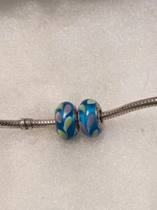 Set of 2 NEW Pandora Transparent Blue with Pink & Green Swirls Murano Glass Bead - Picture 1 of 2