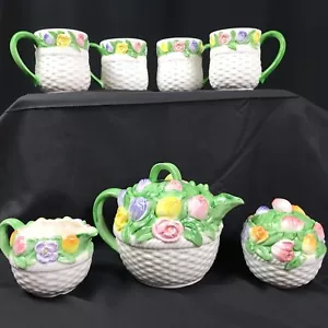 Mary Ann Baker Coffee Set Spring Floral Basket Weave Design Otagiri Vintage 9 Pc - Picture 1 of 9