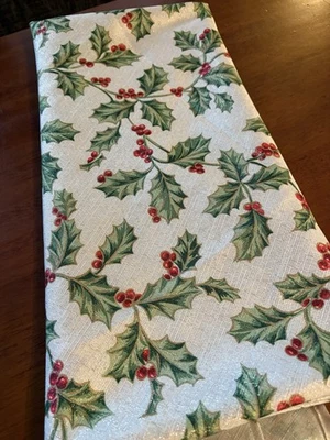 Lenox Holiday 70” Round Table Cloth Golden Holly Berry Leaf Gold Thread - poly - Image 1 of 4