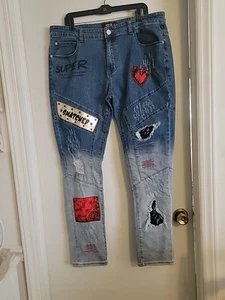 Vintage Sz 38 KLEEP Men's  Patchwork Jeans Straight Leg Skater Grunge Boho  - Picture 1 of 16