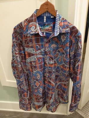 Robert Graham Men Shirt M Queen’s Guard Paisley Plaid Brown Blue Embroided RARE! - Image 1 of 4
