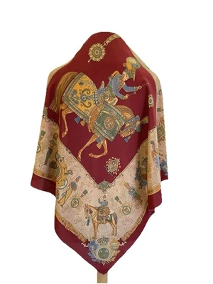 AS# Italy Silk Scarf Equestrian Soldiers Horse Parade Print Burgundy Gold Beige - Image 1 of 4